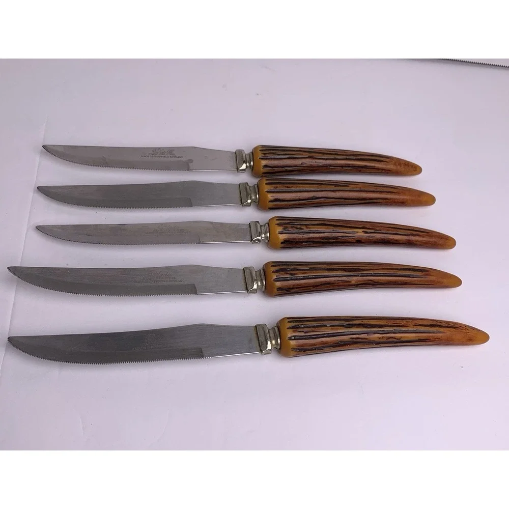 5 Vintage Steak Knives Stainless‎ Steel Blade Sheffield England Faux Antler